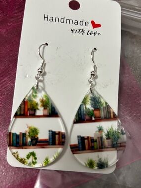 Handmade Teardrop Earrings with Bookshelf & Greenery Print